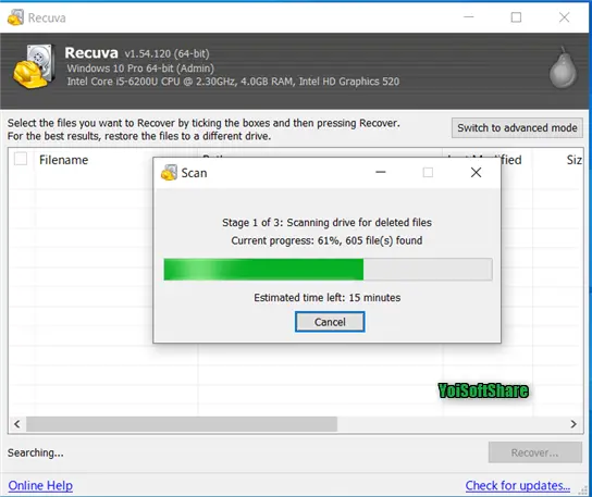 Recuvaで紛失データのスキャンを開始