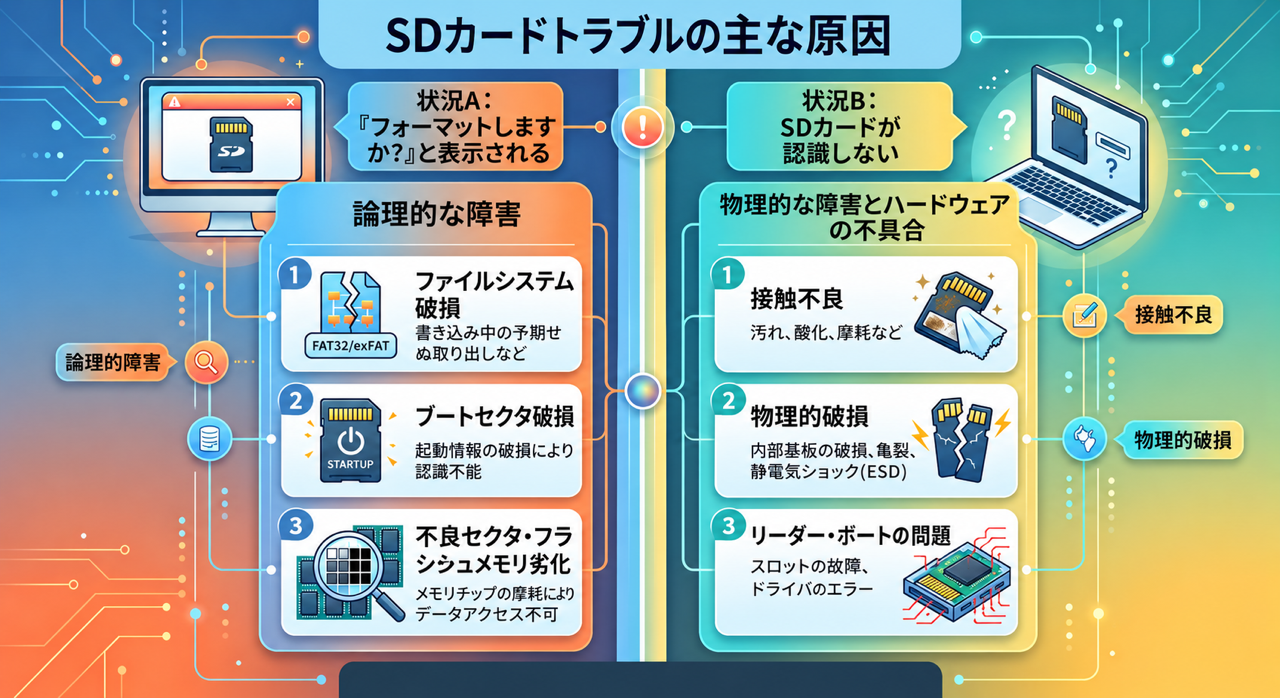 SDカードが認識しない、フォーマット表示の原因