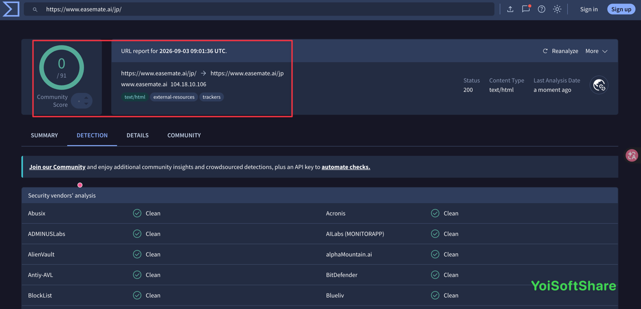 VirusTotalでのスキャン結果